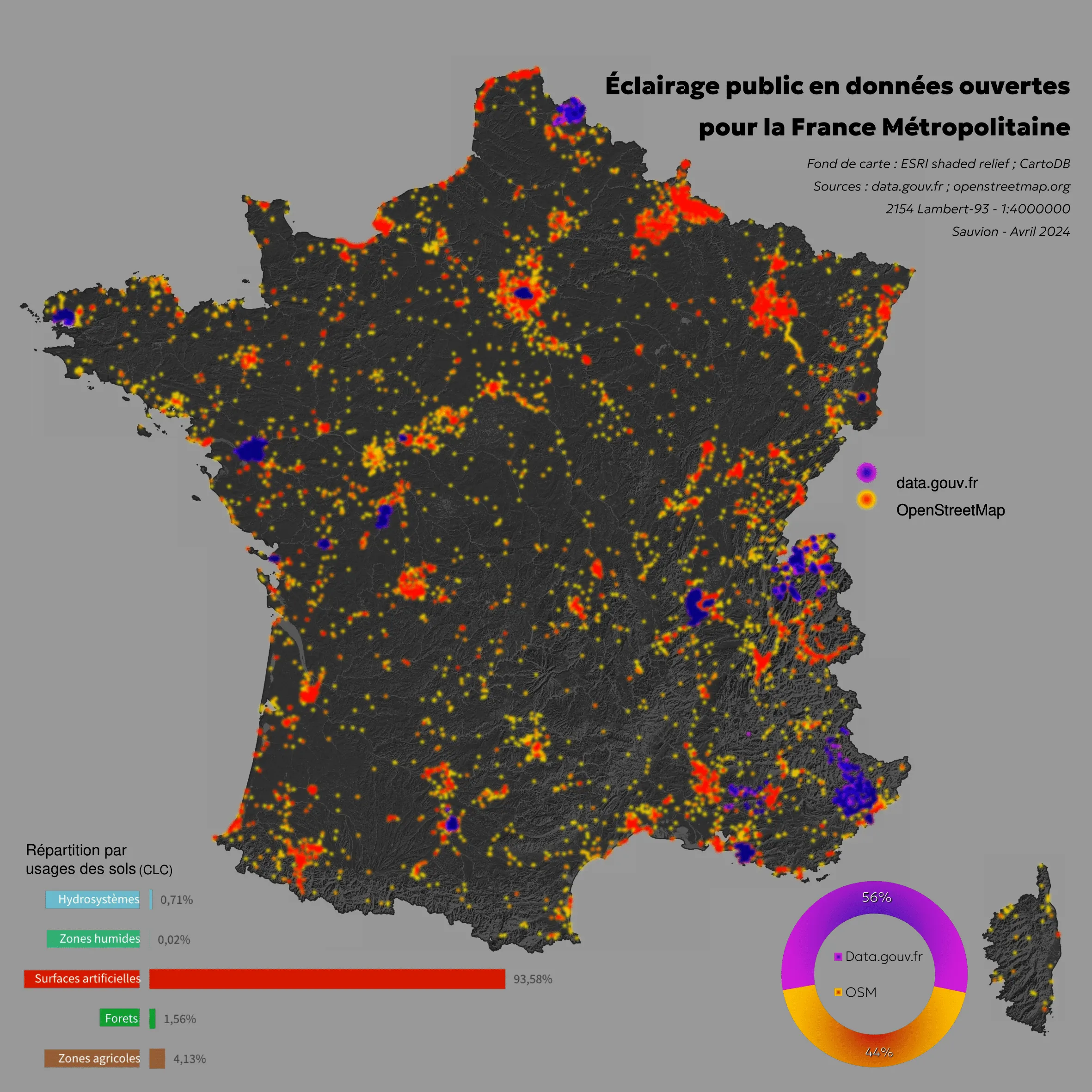 Représentation de la France métropolitaine avec des points représentant l'éclairage public.