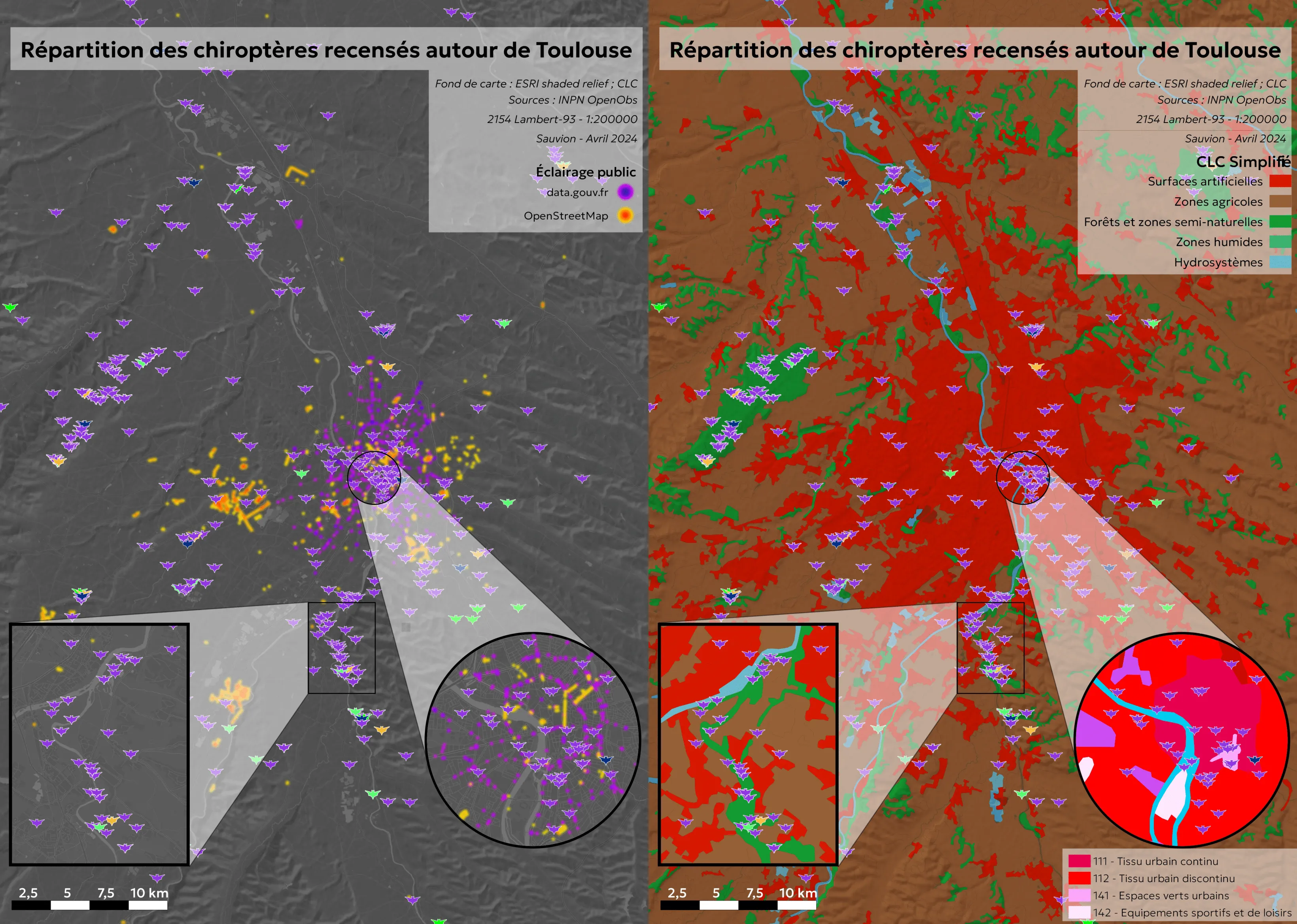 Comparatif sur les alentours de Toulouse entre la répartition des chiroptères face aux données d'éclairage public et face aux données d'occupation du sol.